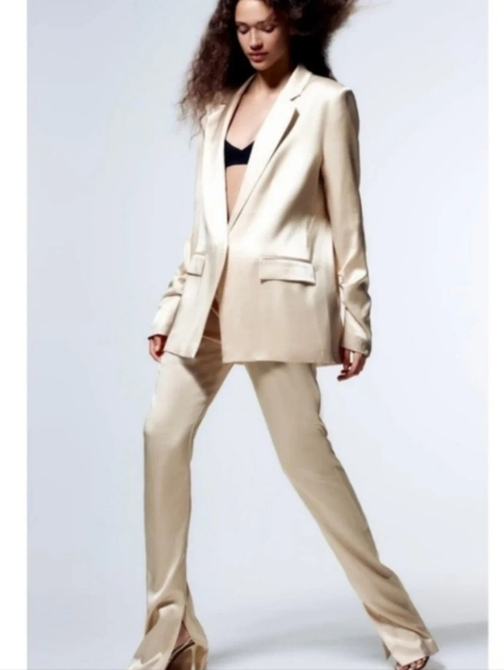 Zara Set 2 pc Matching Satin Effect Blazer and Pants Cream Size XS/S - Picture 8 of 13